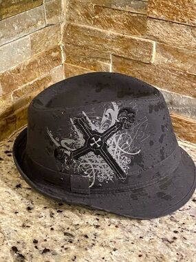 Black Graphic Fedora Hat with Cross Design